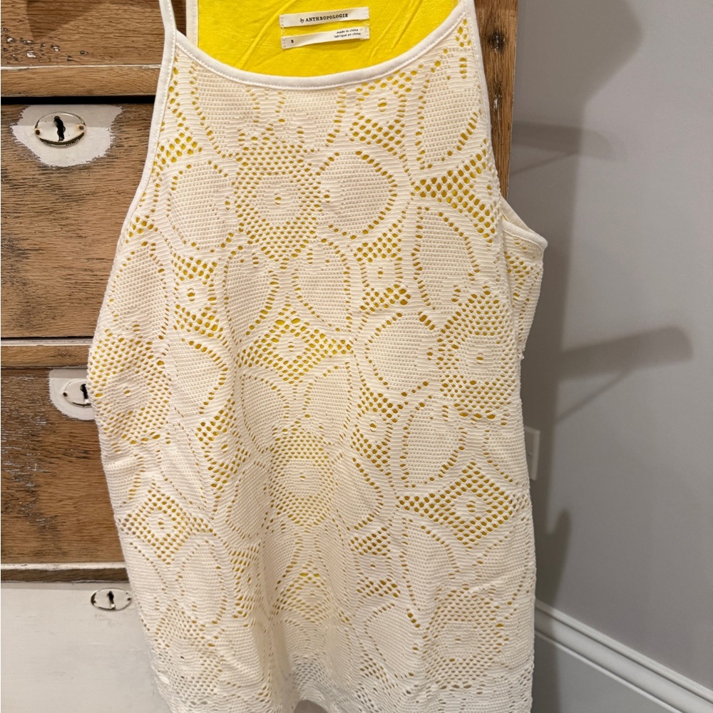 Anthropologie White Lace Top with Yellow Lining